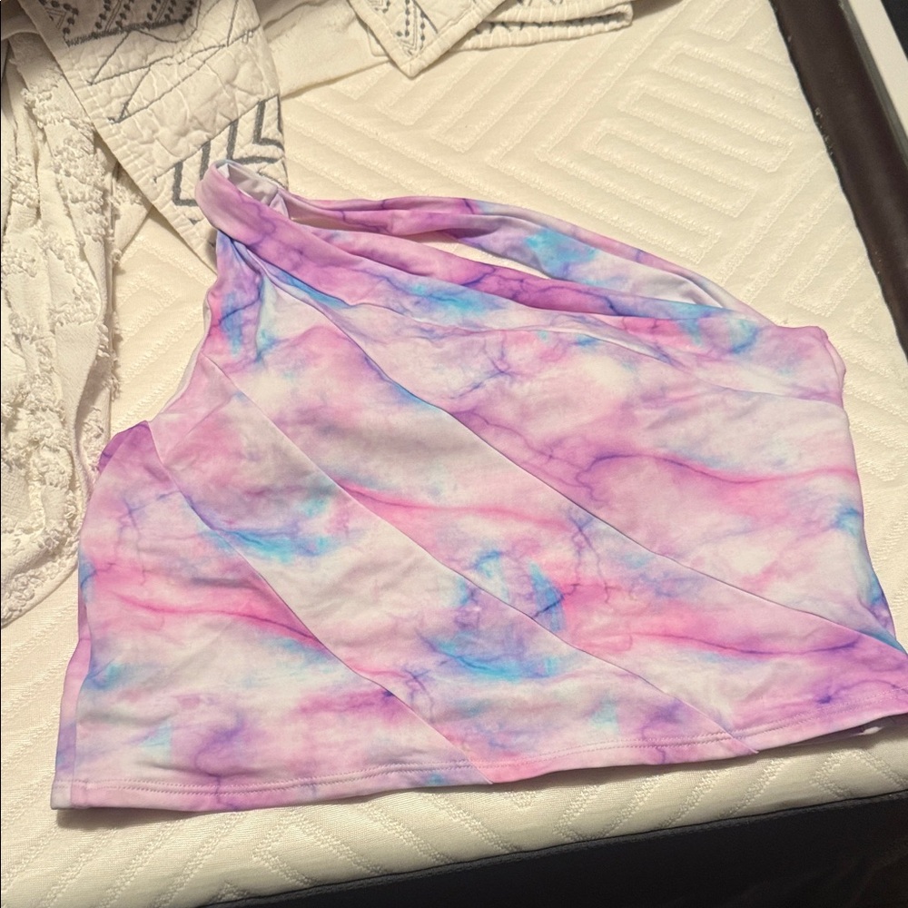 KIAVA One-Shoulder Bikini Top in Pink and Blue